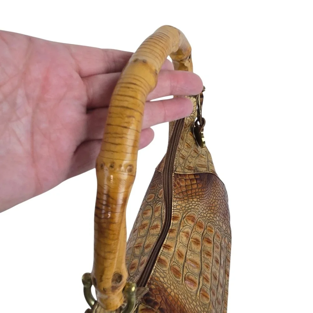 Vtg Brahmin Satchel Bamboo Top Handle Croc Embossed Cognac w Dust Bag READ